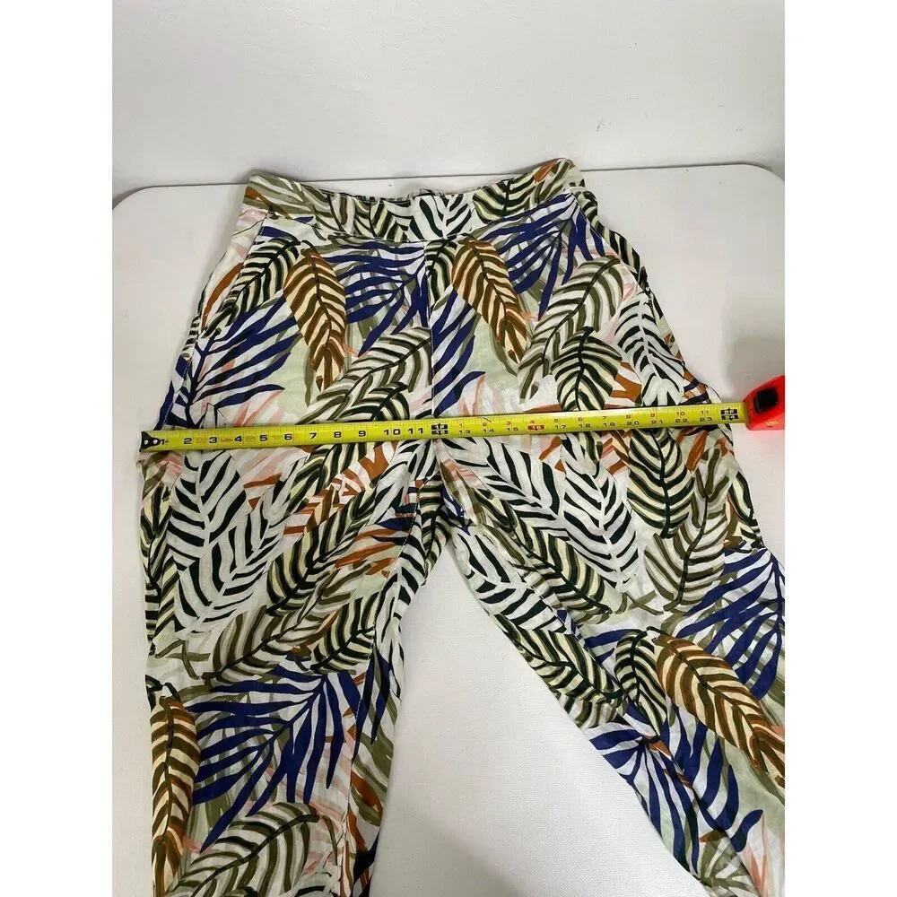 Tahari Size L 100% Linen Wide Leg Crop Pants Tropical Print Pull On